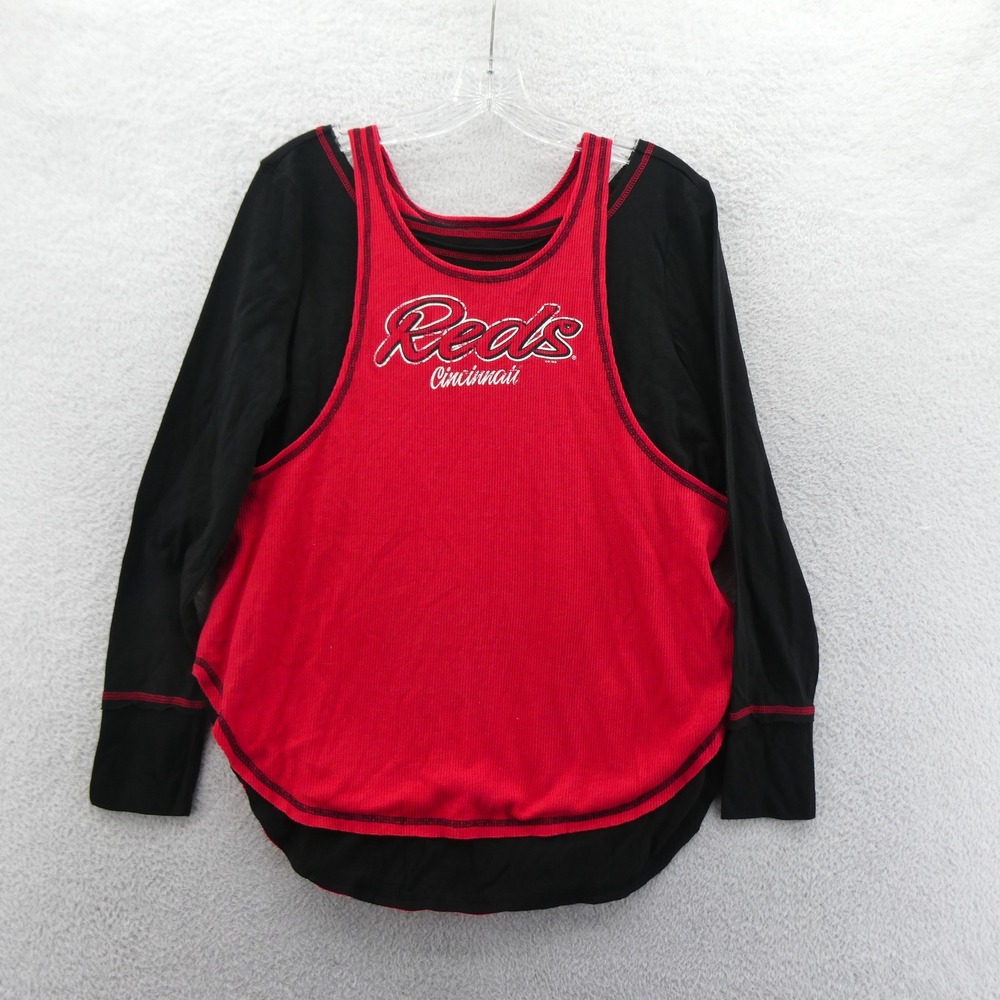 G-III Shirt Womens Medium Cincinnati Reds Black Red Layered Long Sleeve MLB Top